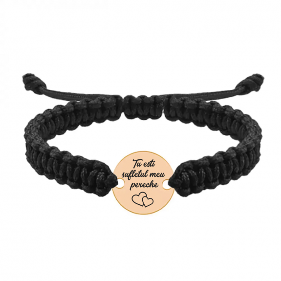 Bratara argint banut 16 mm si snur negru impletit - personalizata cu text - placat cu aur roz